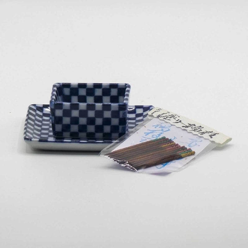 Check Pattern Square Bowl Plate & Toothpick Set (Blue).