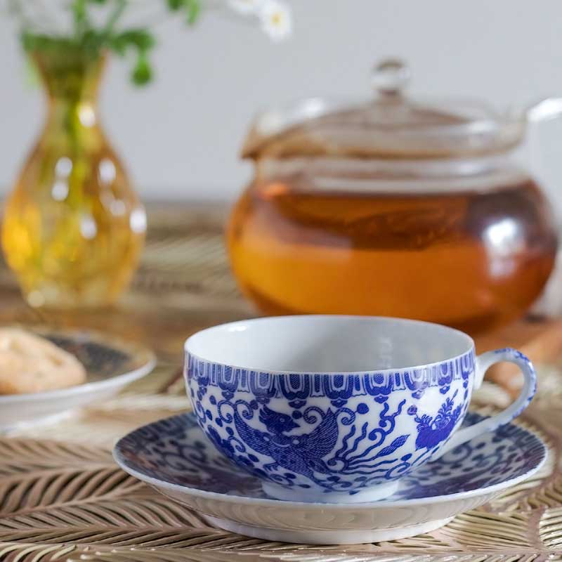 Tajimi Ware Maiko Phoenix Blue & White Cup & Saucer.