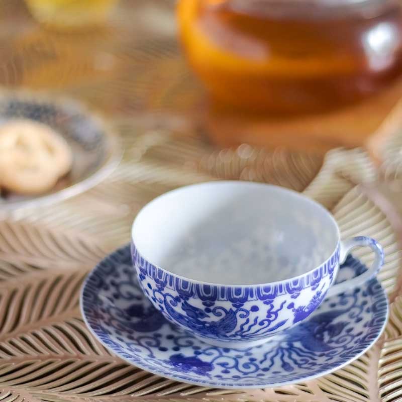 Tajimi Ware Maiko Phoenix Blue & White Cup & Saucer.